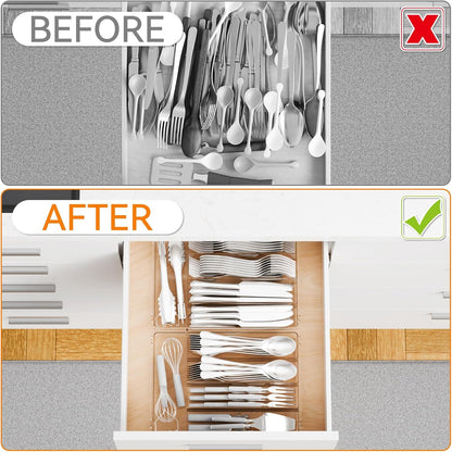 Clear Small Silverware Organizer 9 inch Wide for Kitchen Drawers,BPA Free Silverware Trays and Plastic Silverware Dividers & Holder,Utensil and Flatware Drawer Organizer Suitable for Fork,Spoon