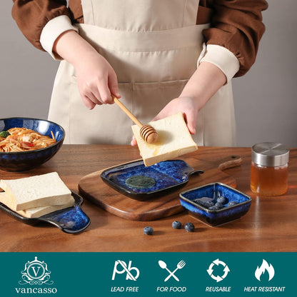 Stern Spoon Rest for Kitchen, Square Ceramic Spoon Holder for Stove Top, Heat Resistant Utensil Rest for Countertop, Dishwasher Safe, Kiln Blue, 2 Pack