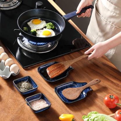 Stern Spoon Rest for Kitchen, Square Ceramic Spoon Holder for Stove Top, Heat Resistant Utensil Rest for Countertop, Dishwasher Safe, Kiln Blue, 2 Pack
