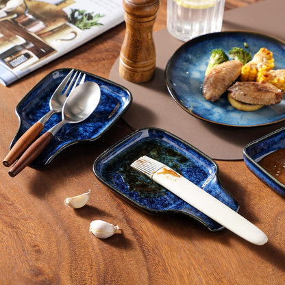 Stern Spoon Rest for Kitchen, Square Ceramic Spoon Holder for Stove Top, Heat Resistant Utensil Rest for Countertop, Dishwasher Safe, Kiln Blue, 2 Pack