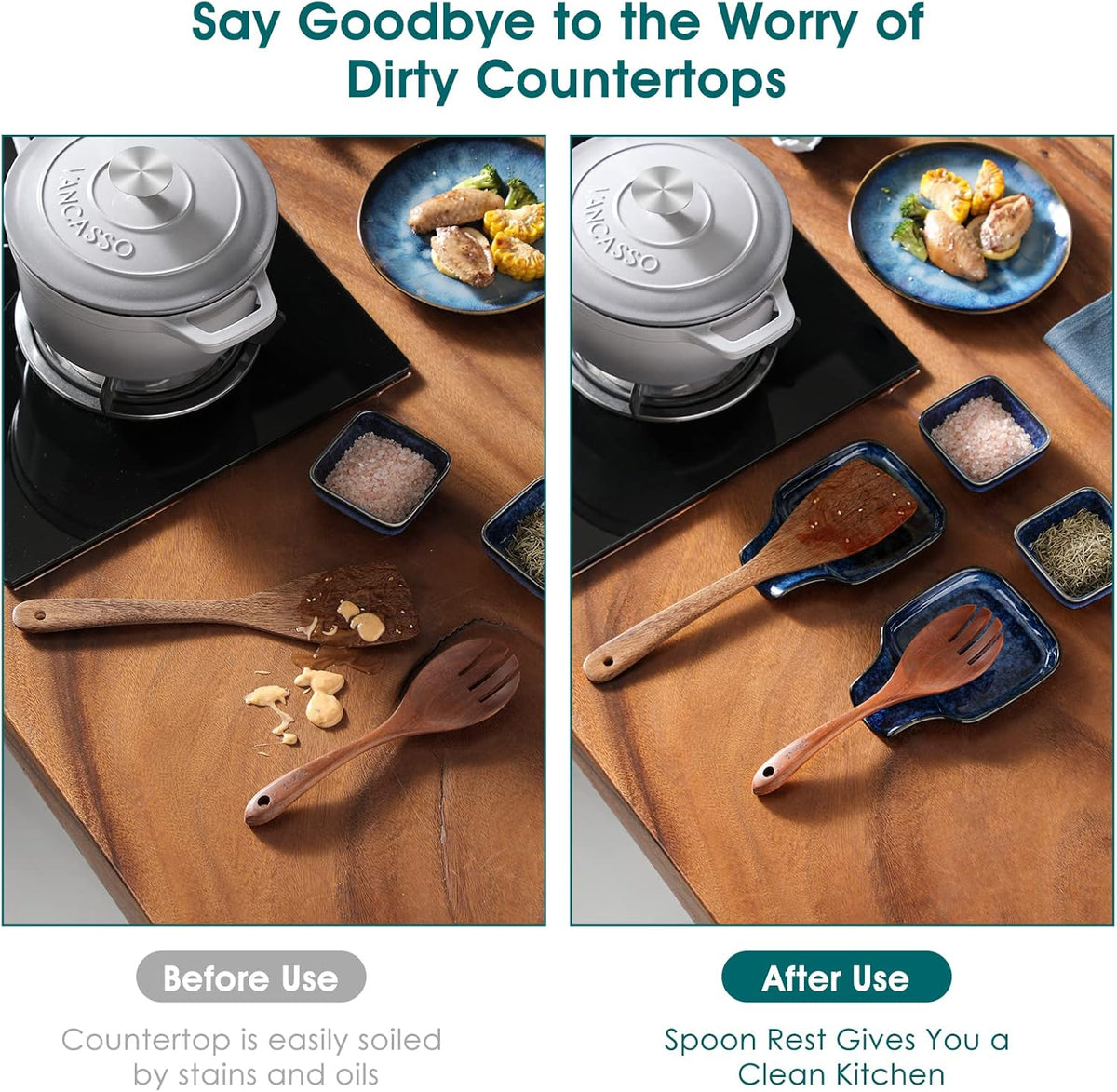Stern Spoon Rest for Kitchen, Square Ceramic Spoon Holder for Stove Top, Heat Resistant Utensil Rest for Countertop, Dishwasher Safe, Kiln Blue, 2 Pack