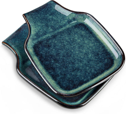 Stern Spoon Rest for Kitchen, Square Ceramic Spoon Holder for Stove Top, Heat Resistant Utensil Rest for Countertop, Dishwasher Safe, Kiln Blue, 2 Pack