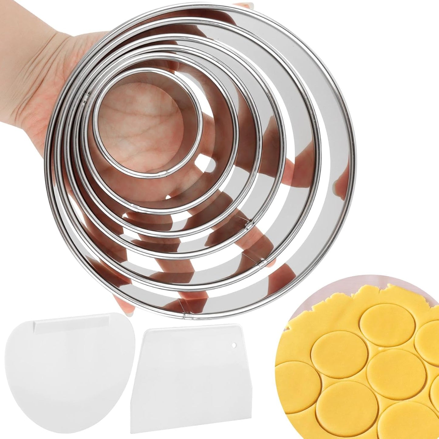 6PCS Round Cookie Cutter Stainless Steel Biscuit Cutters For Baking | 2,3,3.5,4,5,6 Inch Metal Ring Cookie Baking Tool Set With Plastic scraper for Baking，Pastry,Donut,Fondant,Cake,Cookie