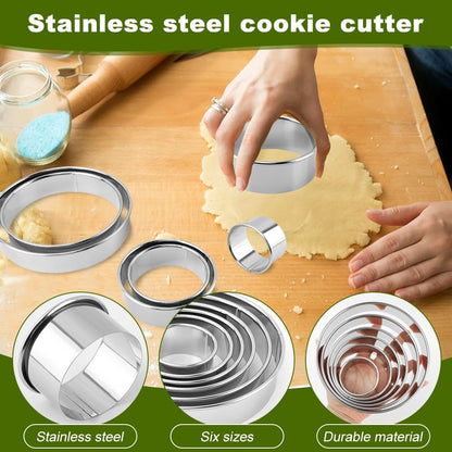 6PCS Round Cookie Cutter Stainless Steel Biscuit Cutters For Baking | 2,3,3.5,4,5,6 Inch Metal Ring Cookie Baking Tool Set With Plastic scraper for Baking，Pastry,Donut,Fondant,Cake,Cookie