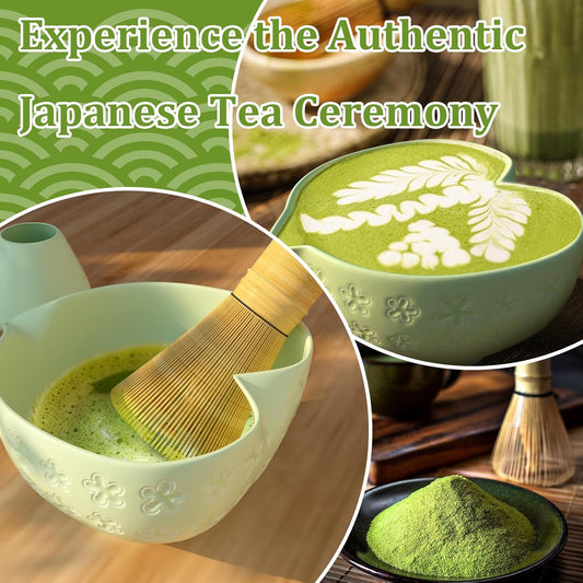 Matcha Whisk Set & Japanese Tea Set, 8PCS Ceramic Matcha Kit, Heart-shaped Matcha Bowl with Spout and Bamboo Whisk for Ceremony Matcha Lovers, Ideal Gift Christmas and Birthday (Matcha Green)