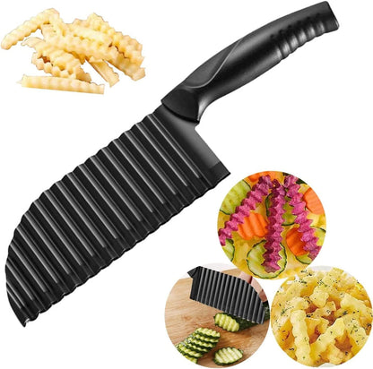 Crinkle Potato Cutter 2.9" x 11.8" Stainless Steel Waves French Fries Slicer Handheld Chipper Chopper, Vegetable Salad Chopping Knife Home Kitchen Wavy Blade Cutting Tool, Black (1 Pack)