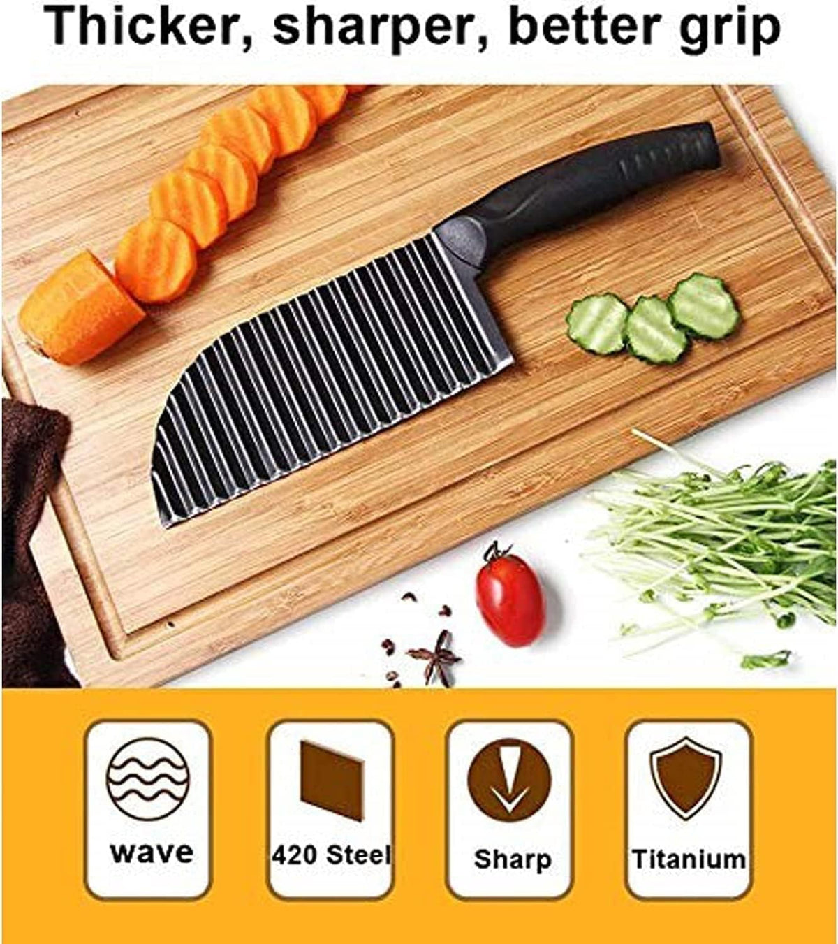 Crinkle Potato Cutter 2.9" x 11.8" Stainless Steel Waves French Fries Slicer Handheld Chipper Chopper, Vegetable Salad Chopping Knife Home Kitchen Wavy Blade Cutting Tool, Black (1 Pack)