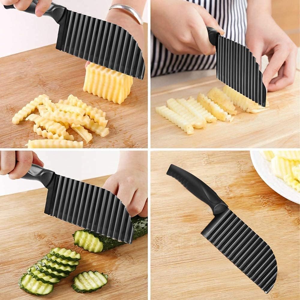 Crinkle Potato Cutter 2.9" x 11.8" Stainless Steel Waves French Fries Slicer Handheld Chipper Chopper, Vegetable Salad Chopping Knife Home Kitchen Wavy Blade Cutting Tool, Black (1 Pack)