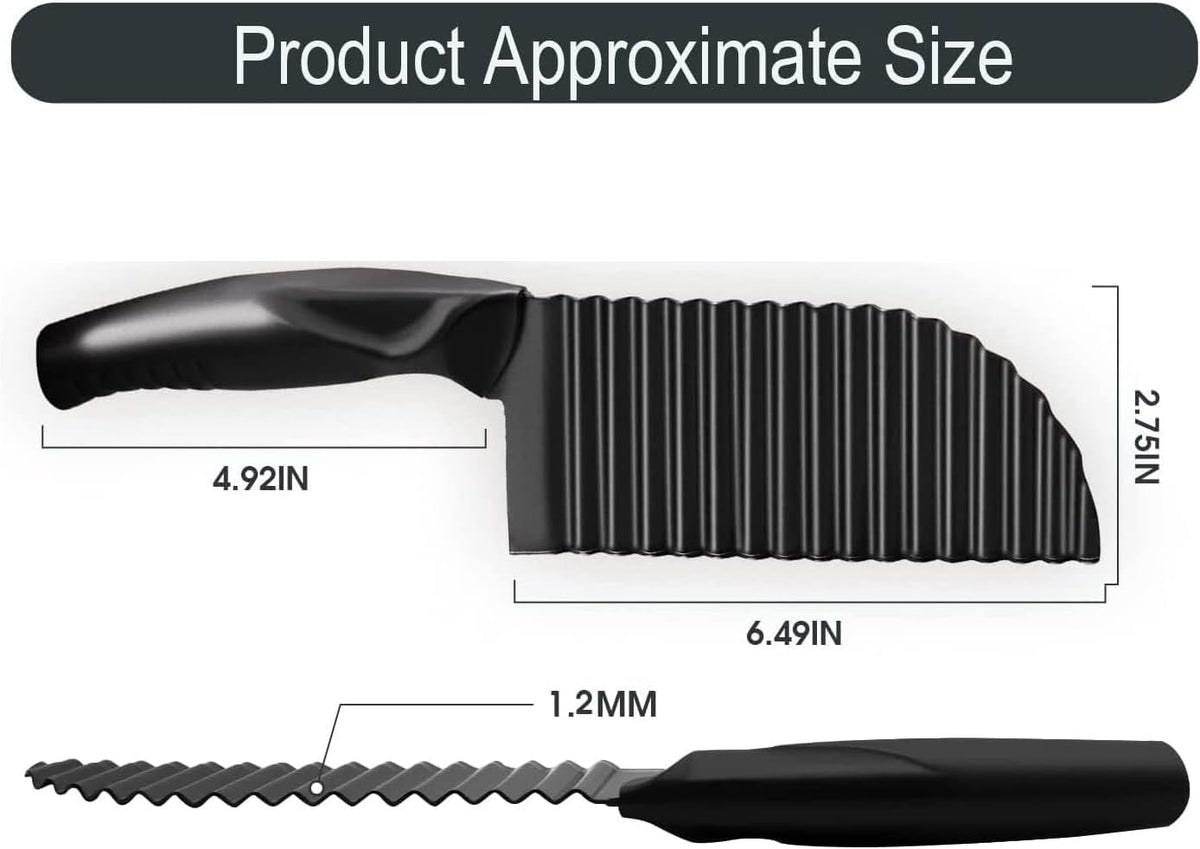Crinkle Potato Cutter 2.9" x 11.8" Stainless Steel Waves French Fries Slicer Handheld Chipper Chopper, Vegetable Salad Chopping Knife Home Kitchen Wavy Blade Cutting Tool, Black (1 Pack)