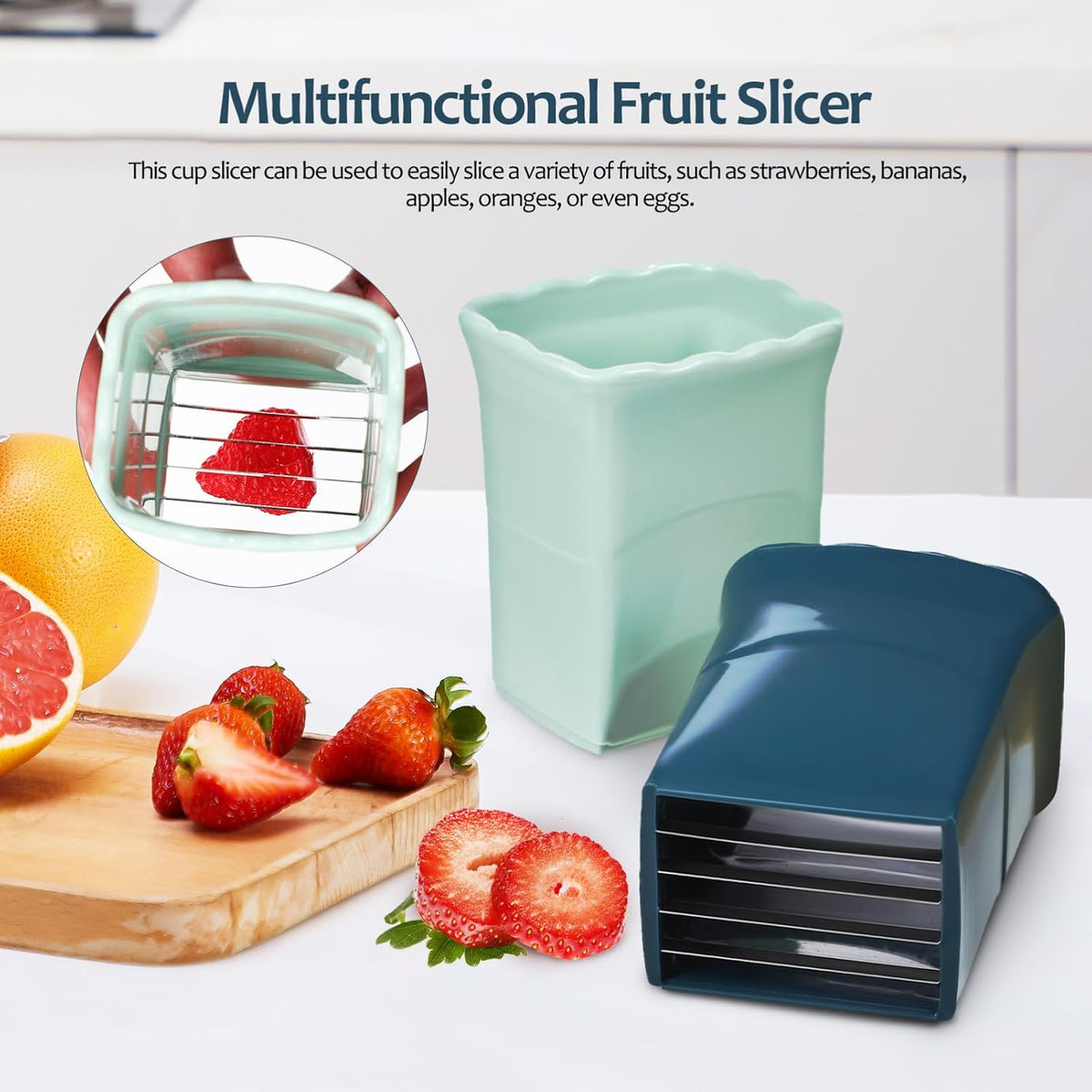 Cup Slicer Strawberry Slicer Set 3 pcs Fruit with Lid and Cleaning Brush Multifunctional Cup for Strawberries Bananas Oranges and Eggs 3.46 X 2.36 X 2.36 in