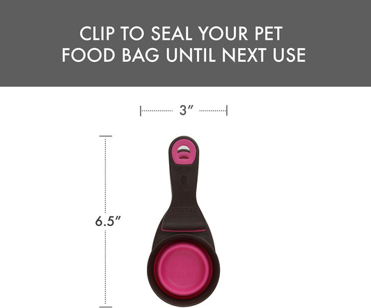 Popware for Pets Collapsible Klip Scoop, 3-in-1 Pet Food Scoop, Measuring Cup and Bag Clip, 1/2 Cup Capacity, Pink