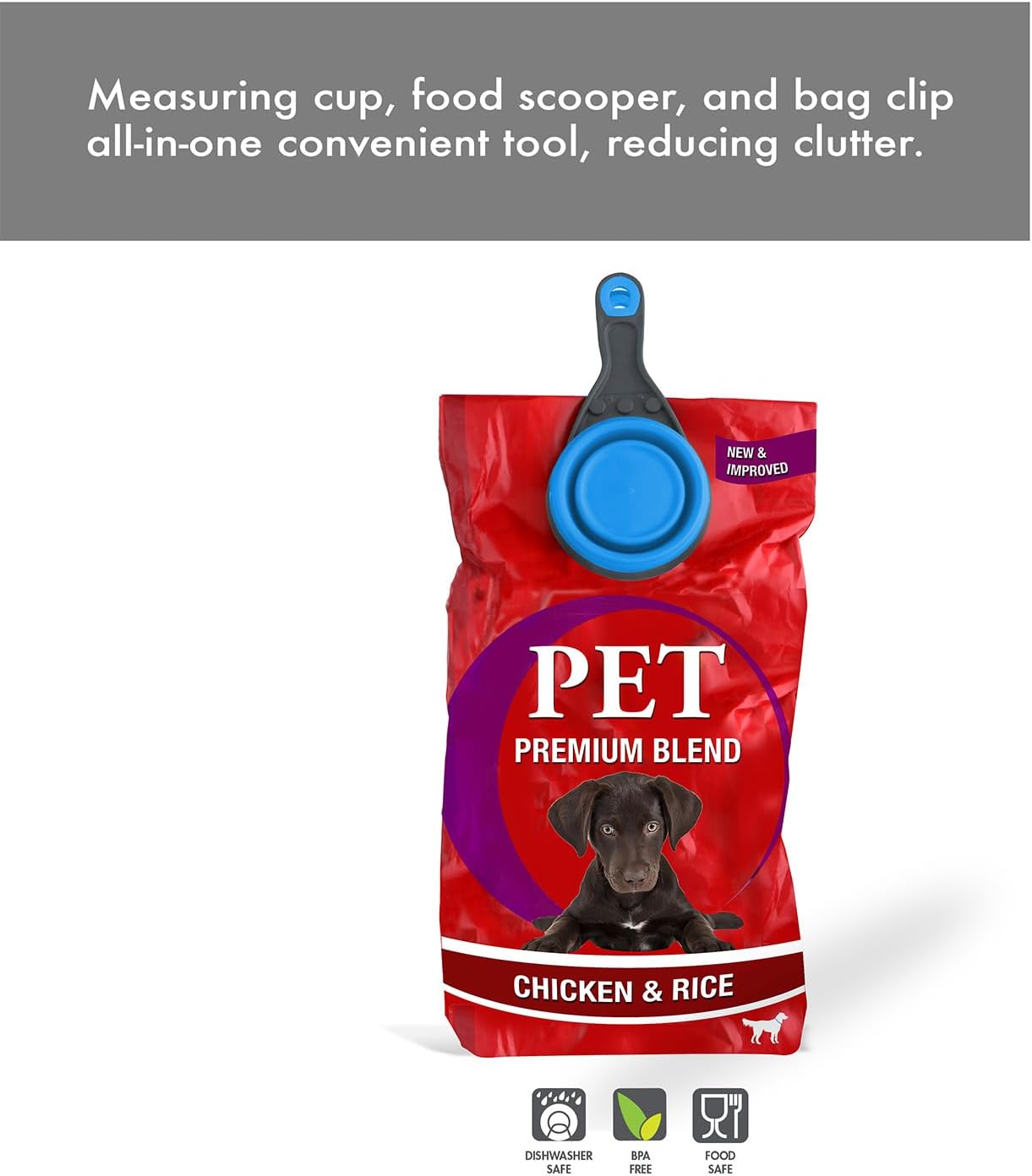 Popware for Pets Collapsible Klip Scoop, 3-in-1 Pet Food Scoop, Measuring Cup and Bag Clip, 1/2 Cup Capacity, Pink