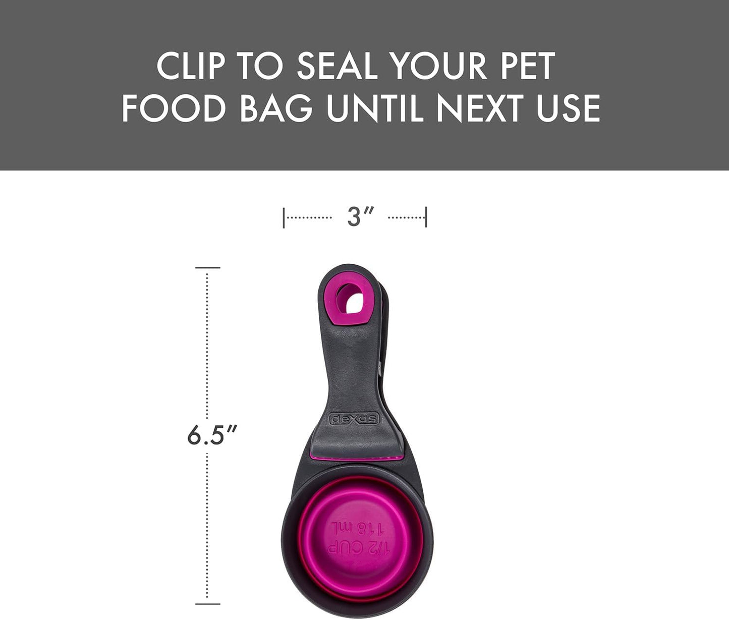 Popware for Pets Collapsible Klip Scoop, 3-in-1 Pet Food Scoop, Measuring Cup and Bag Clip, 1/2 Cup Capacity, Pink