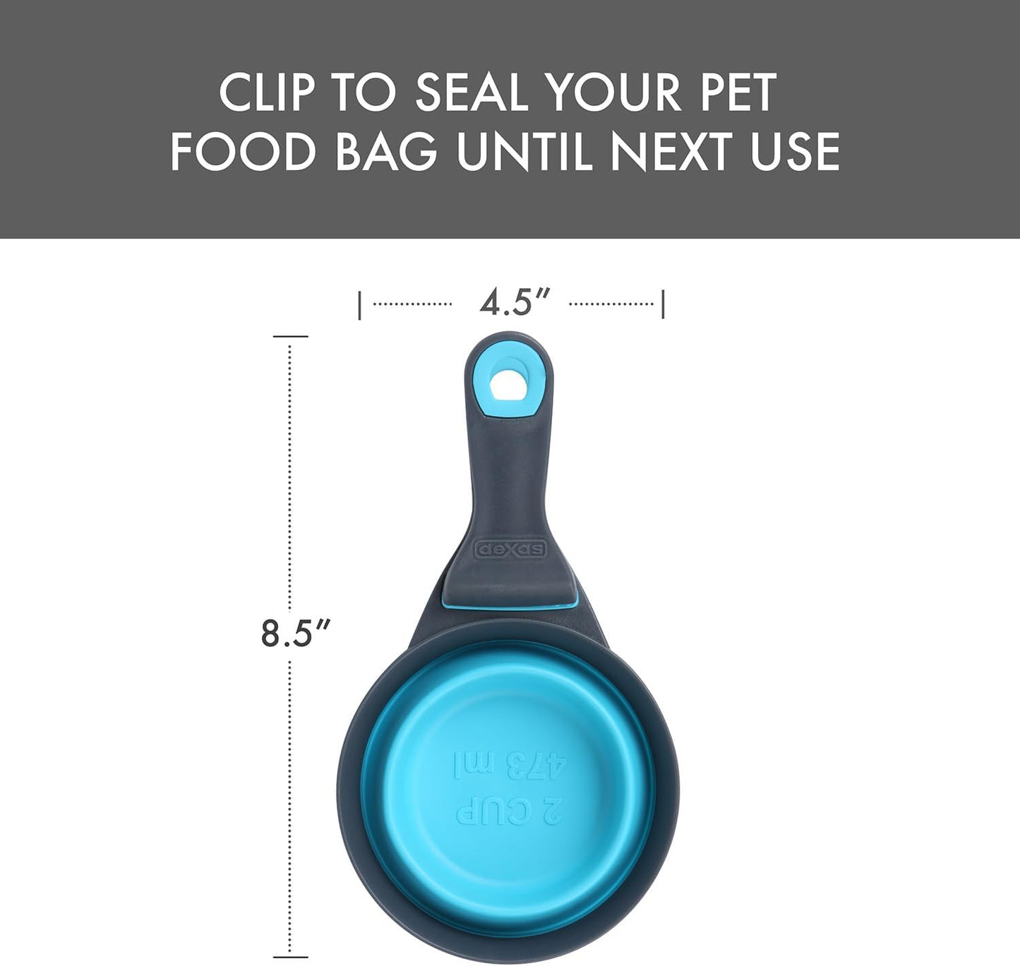 Popware for Pets Collapsible Klip Scoop, 3-in-1 Pet Food Scoop, Measuring Cup and Bag Clip, 1/2 Cup Capacity, Pink