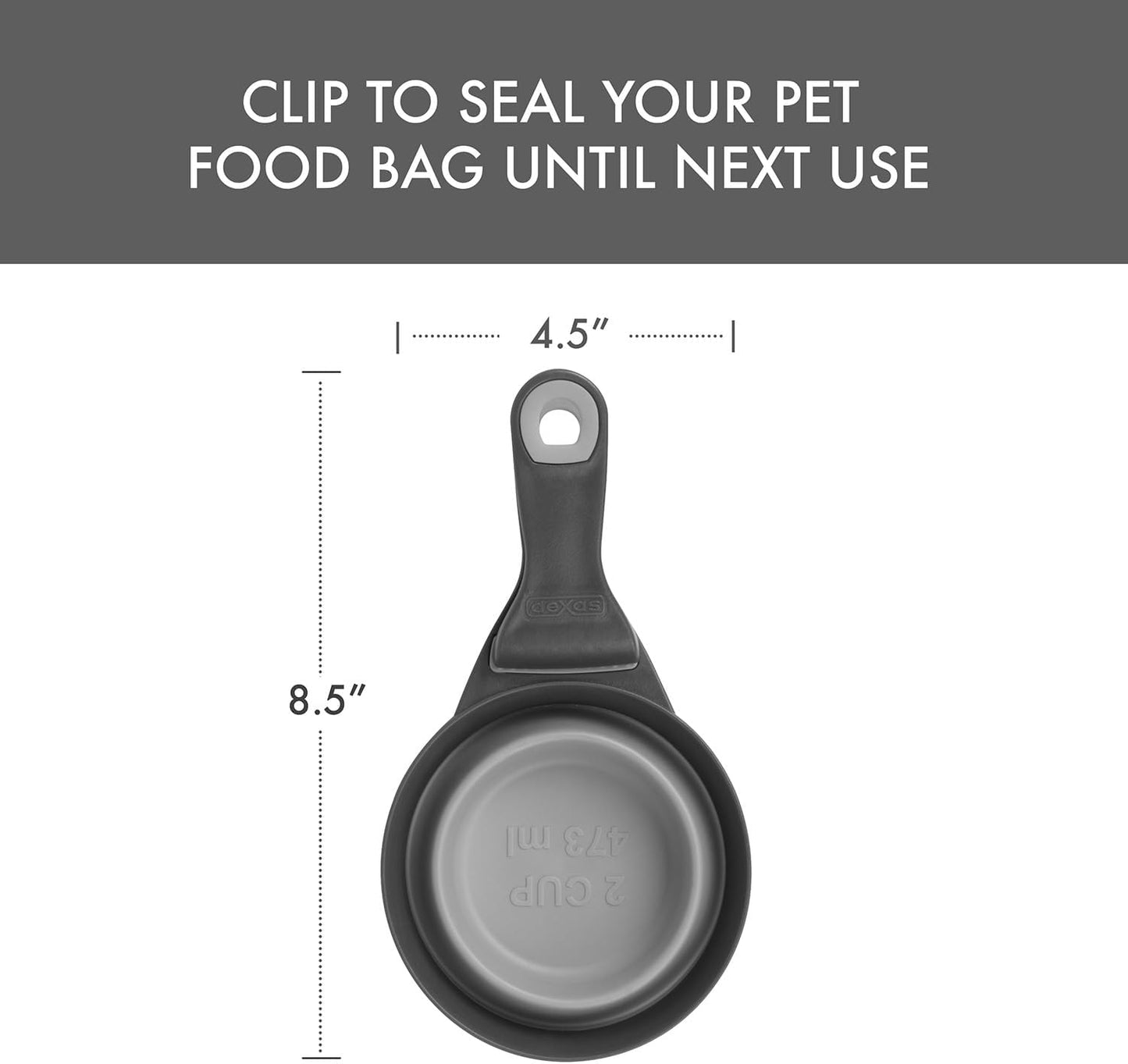Popware for Pets Collapsible Klip Scoop, 3-in-1 Pet Food Scoop, Measuring Cup and Bag Clip, 1/2 Cup Capacity, Pink