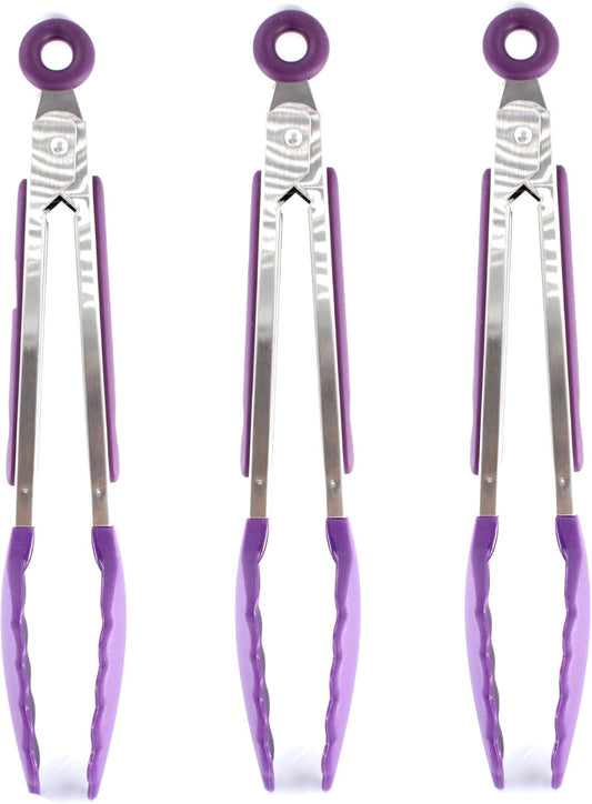 7Inch Mini Silicone Kitchen Tongs for serving food, Small Serving Tongs with Silicone Tips, Set of 3 (Purple)