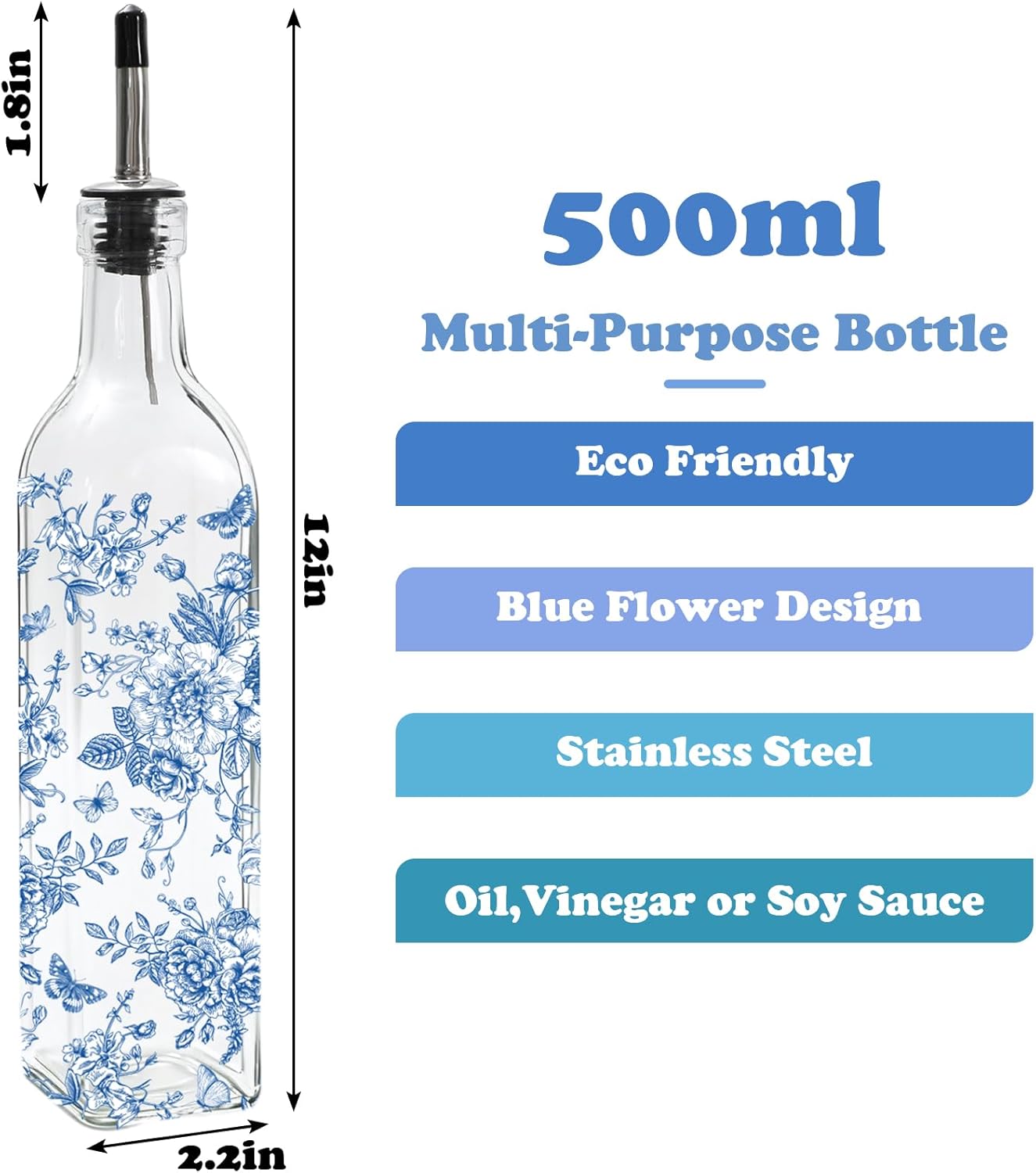 Chinoiserie Olive Oil Dispenser Bottle Blue Floral Glass Cruet Bottle with Spout Cooking Vinegar Container for Home Kitchen Table Countertop Decor