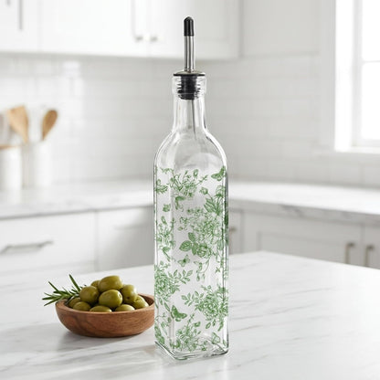 Chinoiserie Olive Oil Dispenser Bottle Blue Floral Glass Cruet Bottle with Spout Cooking Vinegar Container for Home Kitchen Table Countertop Decor