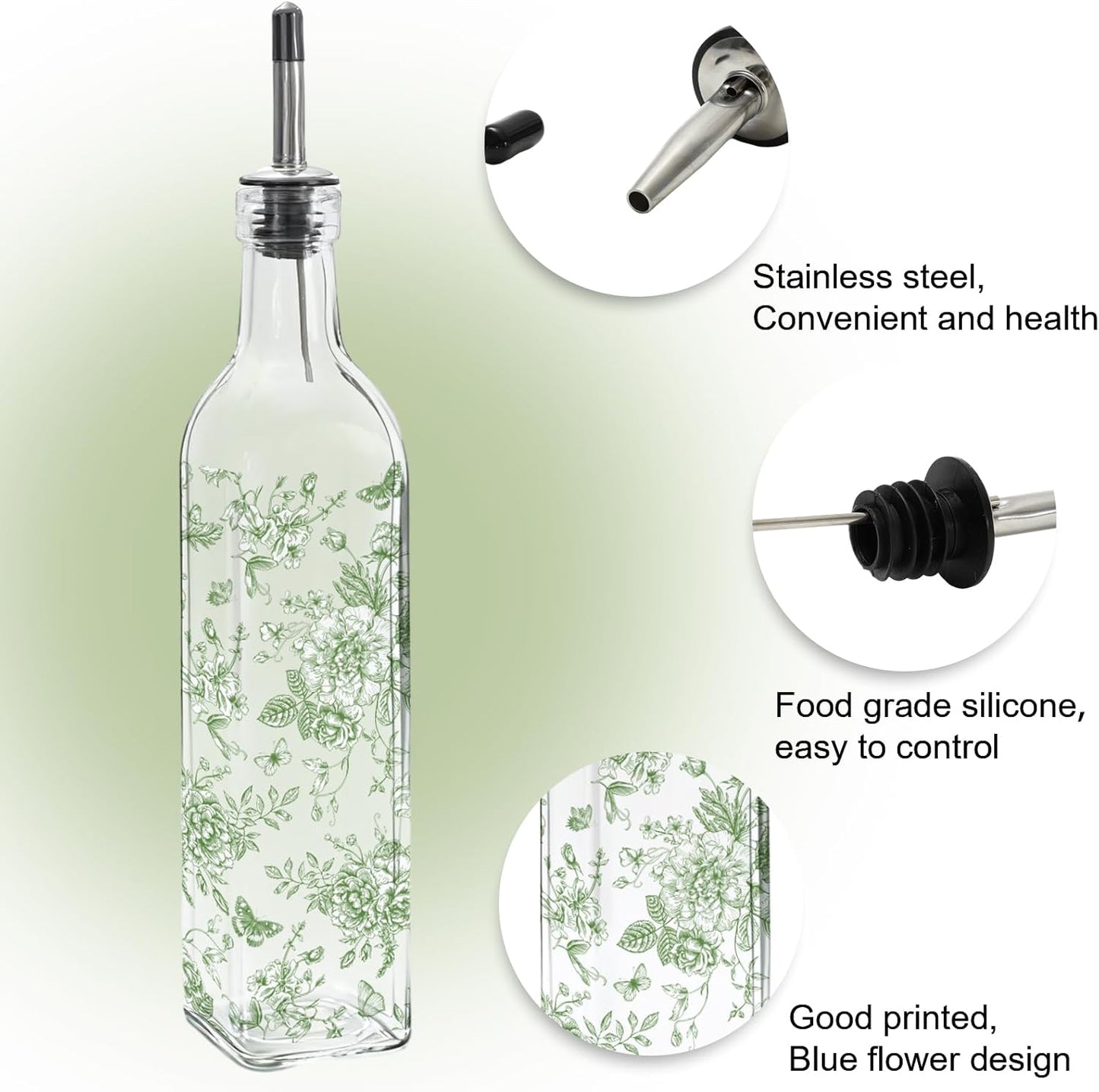 Chinoiserie Olive Oil Dispenser Bottle Blue Floral Glass Cruet Bottle with Spout Cooking Vinegar Container for Home Kitchen Table Countertop Decor