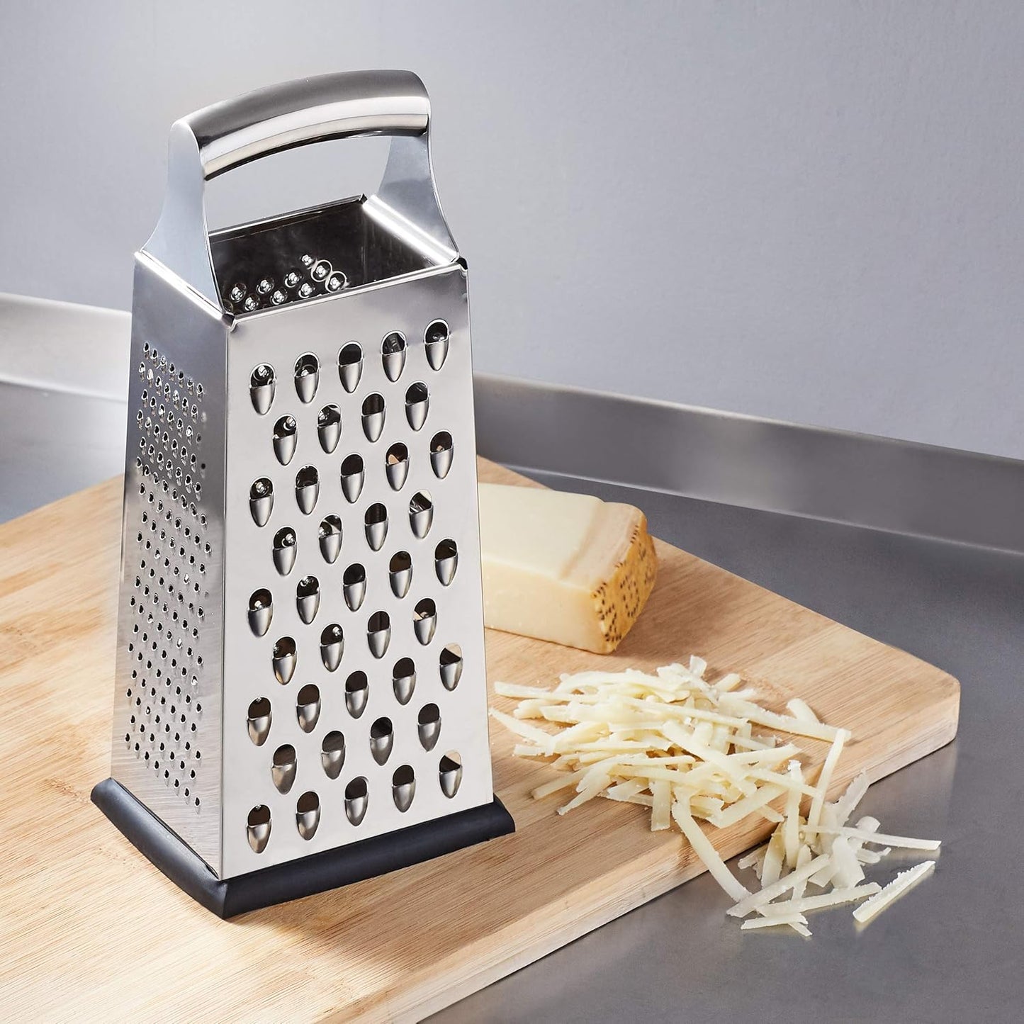 Rectangular 4-Sided Box Cheese Grater and Shredder, Stainless Steel, Handheld, for Vegetables, Zester, Non-Slip Base, Dishwasher-Safe, 9 inch, Black