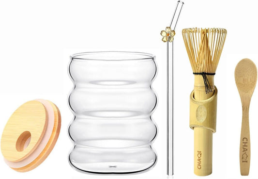 Matcha Latte Making Set with Long Handle Matcha Whisk&Wave Glass Cup | Extended handle matcha whisk,Cup,Floral Straw,Bamboo Lid & Scoop,Easy Quick Matcha Preparation directly in the cup
