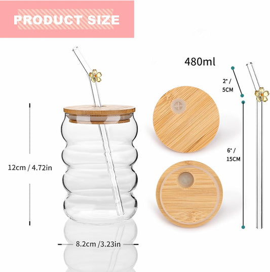 Matcha Latte Making Set with Long Handle Matcha Whisk&Wave Glass Cup | Extended handle matcha whisk,Cup,Floral Straw,Bamboo Lid & Scoop,Easy Quick Matcha Preparation directly in the cup