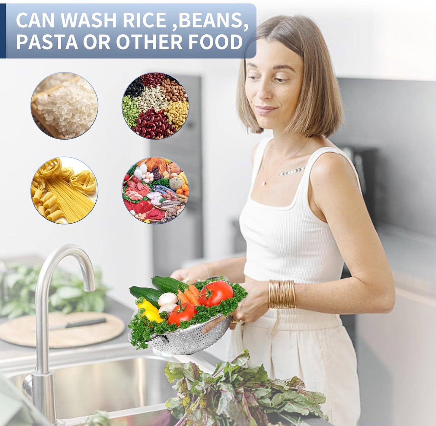 Colander Stainless Steel 3-Quart with Base, Strainer for Kitchen Food