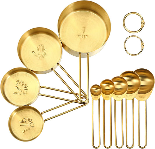 9 Pcs Gold Stainless Steel Measuring Cups and Spoons Set, Stackable Gold Measuring Cups Set with Long Handles, Golden Measuring Spoons for Narrow Bottles Liquid & Dry Ingredients Baking Cooking