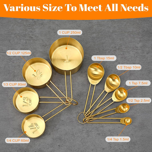9 Pcs Gold Stainless Steel Measuring Cups and Spoons Set, Stackable Gold Measuring Cups Set with Long Handles, Golden Measuring Spoons for Narrow Bottles Liquid & Dry Ingredients Baking Cooking