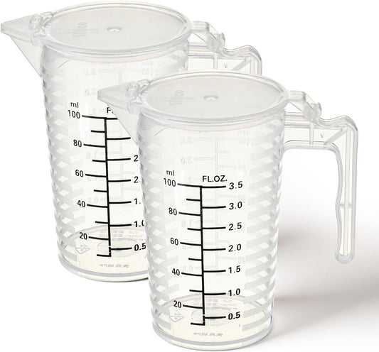 100ml Plastic Graduated Beaker, 2 Pack Liquid Measuring Cup with Handle with Lid, Measuring Pitcher Measure Containers for Liquid Mixing, Pet Food, Motor Oil, Laboratory, Kitchen