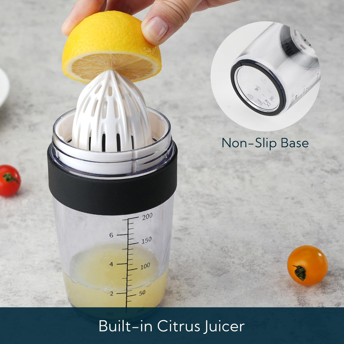 2 in 1 Salad Dressing Shaker Container with Juicer, Pour Spout, LeakprooF, Soft Grip, Dishwasher Safe, Homemade Oil and Vinegar Salad Dressing Bottle Mixer Dispenser, BPA Free 1 Cup, Black