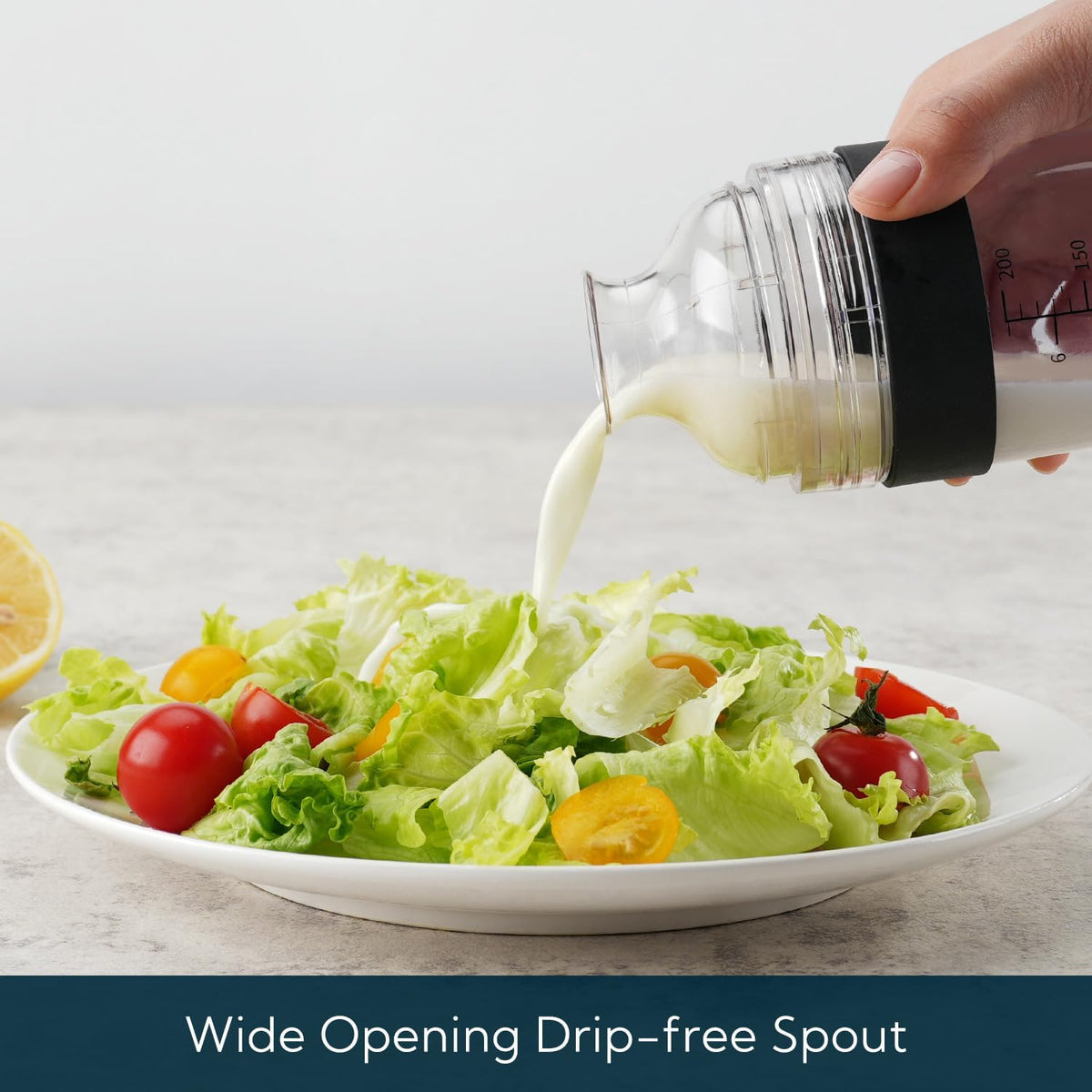 2 in 1 Salad Dressing Shaker Container with Juicer, Pour Spout, LeakprooF, Soft Grip, Dishwasher Safe, Homemade Oil and Vinegar Salad Dressing Bottle Mixer Dispenser, BPA Free 1 Cup, Black