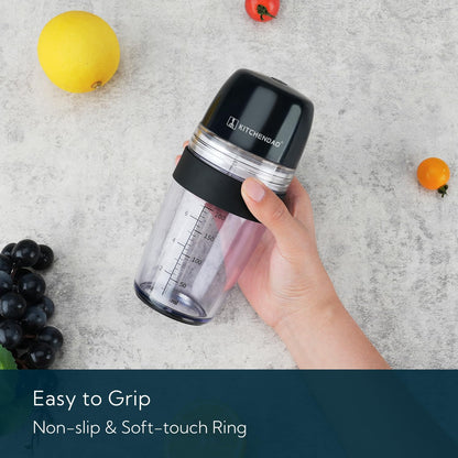 2 in 1 Salad Dressing Shaker Container with Juicer, Pour Spout, LeakprooF, Soft Grip, Dishwasher Safe, Homemade Oil and Vinegar Salad Dressing Bottle Mixer Dispenser, BPA Free 1 Cup, Black
