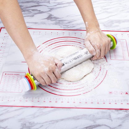 Stainless Steel Rolling Pin & Baking Mat Set with Adjustable Thickness Ring