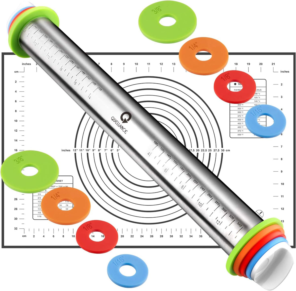 Stainless Steel Rolling Pin & Baking Mat Set with Adjustable Thickness Ring