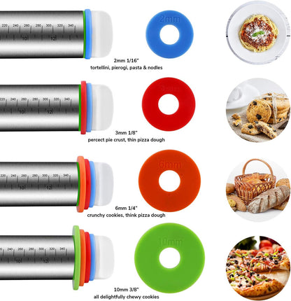Stainless Steel Rolling Pin & Baking Mat Set with Adjustable Thickness Ring