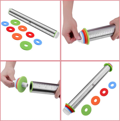 Stainless Steel Rolling Pin & Baking Mat Set with Adjustable Thickness Ring