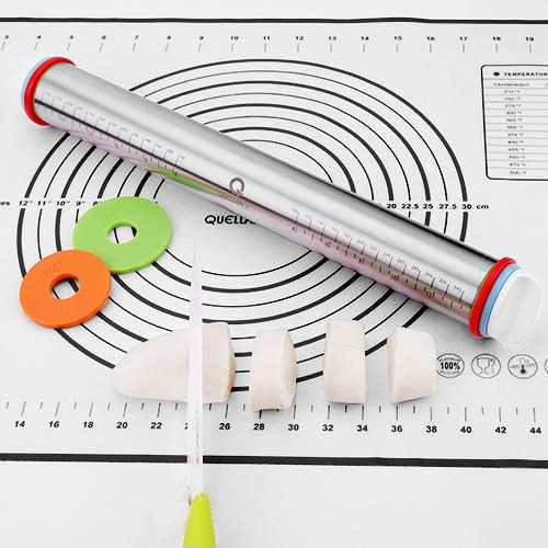 Stainless Steel Rolling Pin & Baking Mat Set with Adjustable Thickness Ring