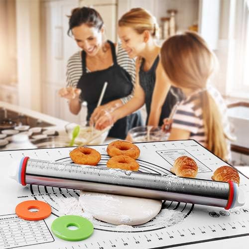 Stainless Steel Rolling Pin & Baking Mat Set with Adjustable Thickness Ring