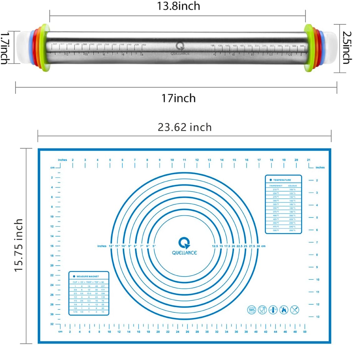 Stainless Steel Rolling Pin & Baking Mat Set with Adjustable Thickness Ring