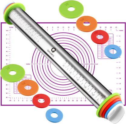 Stainless Steel Rolling Pin & Baking Mat Set with Adjustable Thickness Ring