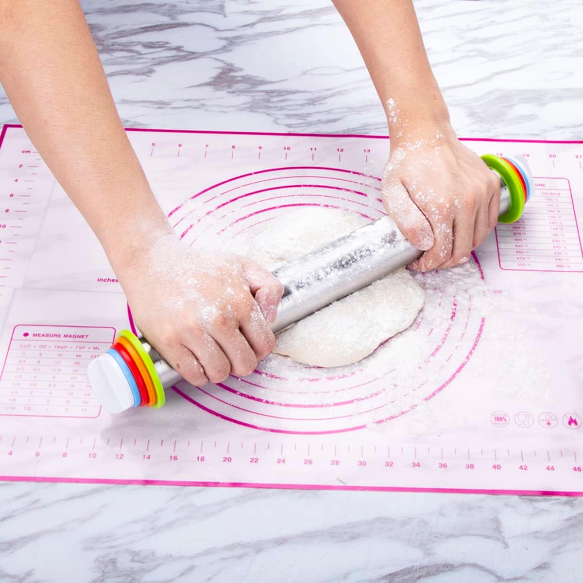 Stainless Steel Rolling Pin & Baking Mat Set with Adjustable Thickness Ring