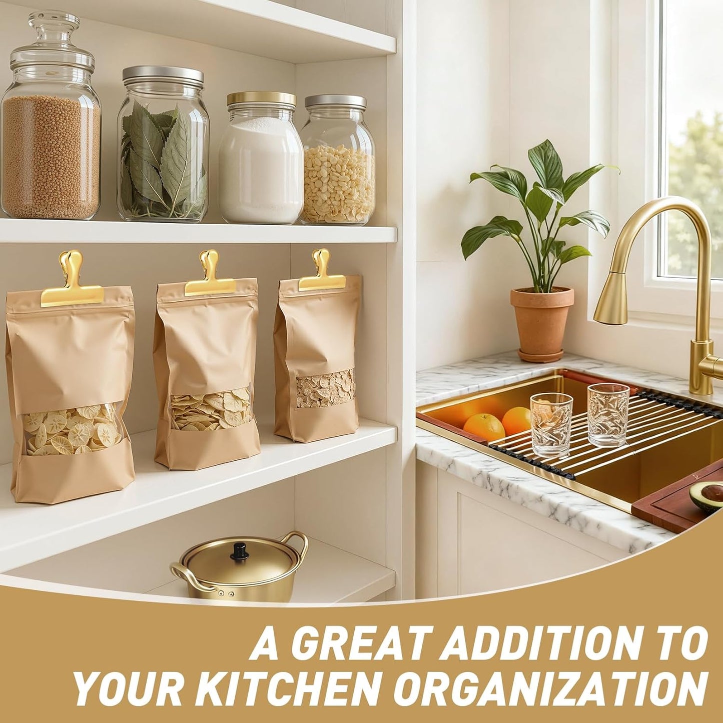 Chip Clips Bag Clips Gold Stainless Steel Clip for Food Storage | Air Tight Seal Chip Bag Clip 3 Inch Strong Food Clip for Snack,Chips,Kitchen Decor,Home&Office Paper Heavy Duty Clips-8 Pack