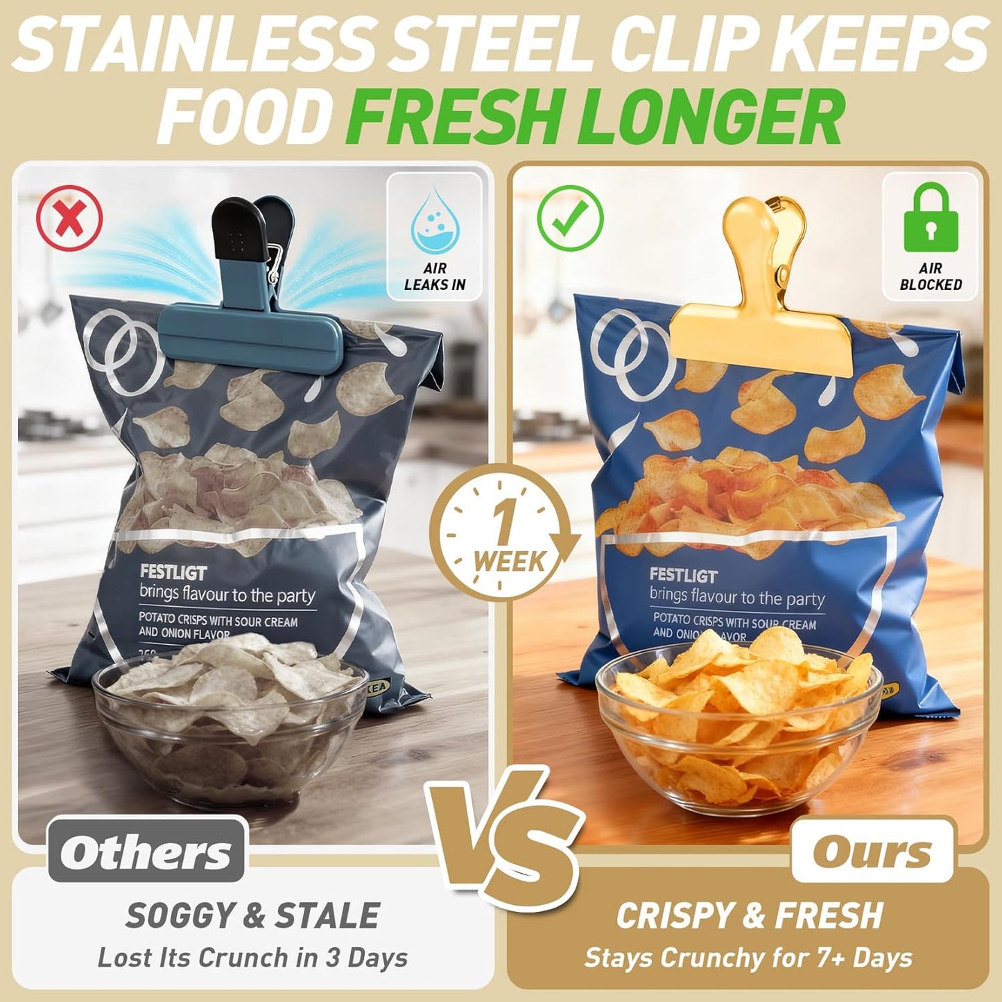 Chip Clips Bag Clips Gold Stainless Steel Clip for Food Storage | Air Tight Seal Chip Bag Clip 3 Inch Strong Food Clip for Snack,Chips,Kitchen Decor,Home&Office Paper Heavy Duty Clips-8 Pack