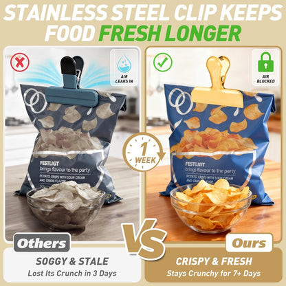 Chip Clips Bag Clips Gold Stainless Steel Clip for Food Storage | Air Tight Seal Chip Bag Clip 3 Inch Strong Food Clip for Snack,Chips,Kitchen Decor,Home&Office Paper Heavy Duty Clips-8 Pack