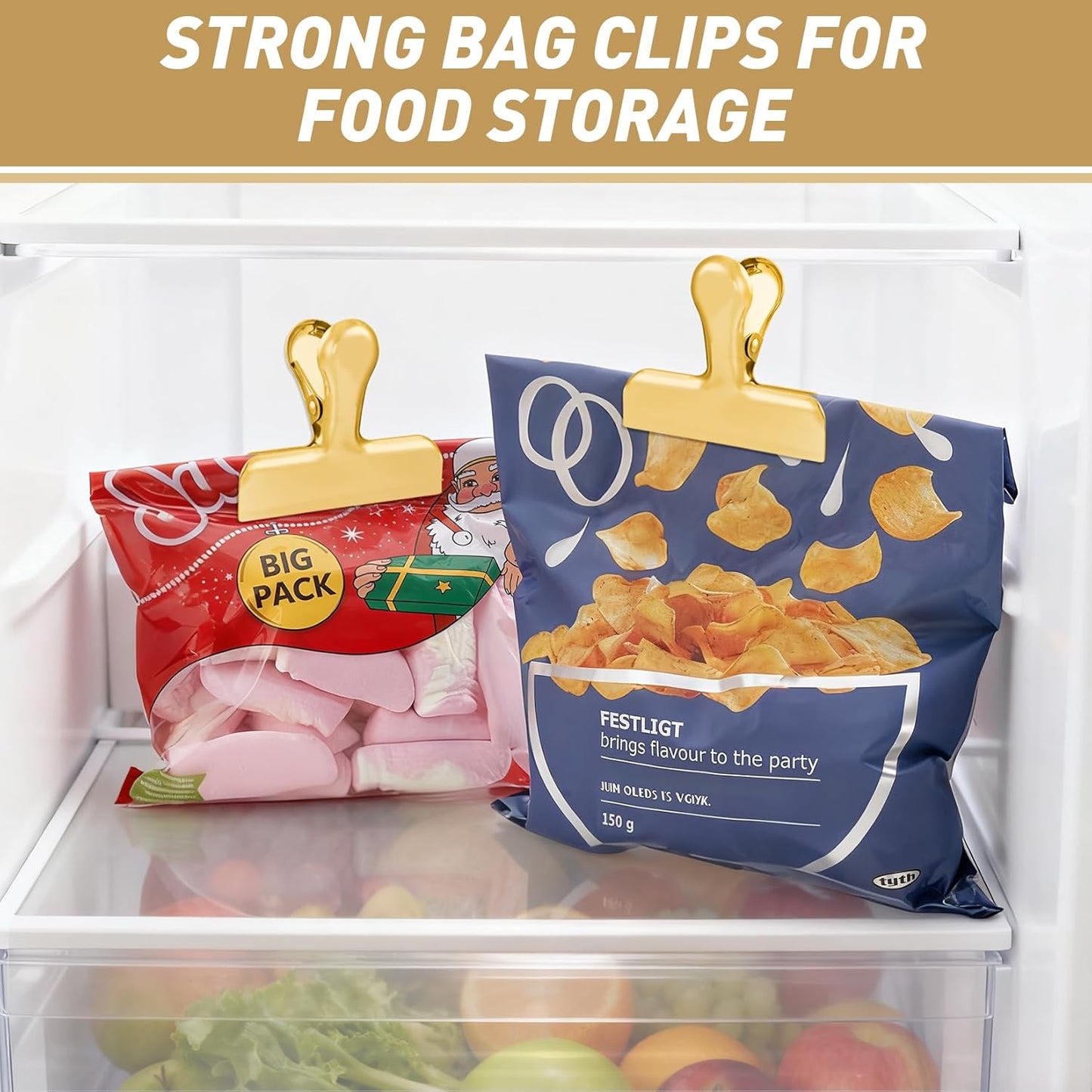 Chip Clips Bag Clips Gold Stainless Steel Clip for Food Storage | Air Tight Seal Chip Bag Clip 3 Inch Strong Food Clip for Snack,Chips,Kitchen Decor,Home&Office Paper Heavy Duty Clips-8 Pack