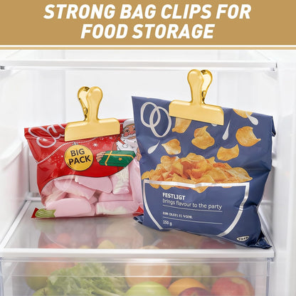 Chip Clips Bag Clips Gold Stainless Steel Clip for Food Storage | Air Tight Seal Chip Bag Clip 3 Inch Strong Food Clip for Snack,Chips,Kitchen Decor,Home&Office Paper Heavy Duty Clips-8 Pack