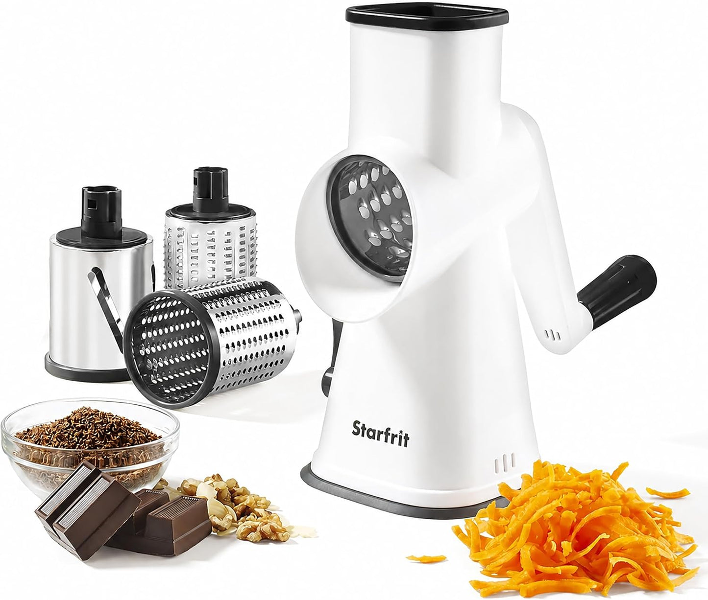 Rotary Drum Grater, 4 Stainless Steel Drums, Slicer & Grater | 4 stainless steel drums. Slice, grate and shave ice. Easy hand crank. Strong suction base. Easy to clean.