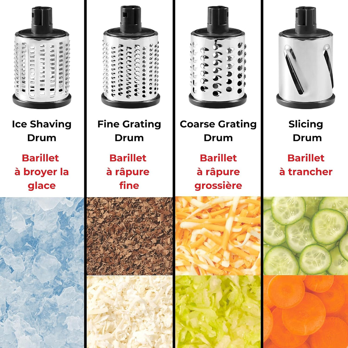 Rotary Drum Grater, 4 Stainless Steel Drums, Slicer & Grater | 4 stainless steel drums. Slice, grate and shave ice. Easy hand crank. Strong suction base. Easy to clean.