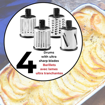 Rotary Drum Grater, 4 Stainless Steel Drums, Slicer & Grater | 4 stainless steel drums. Slice, grate and shave ice. Easy hand crank. Strong suction base. Easy to clean.